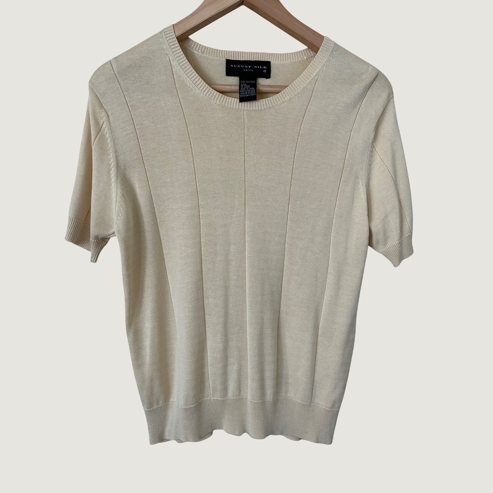 August Silk Knits Women Butter Yellow Short Sleeve 100% Silk Ribbed Sweater L
